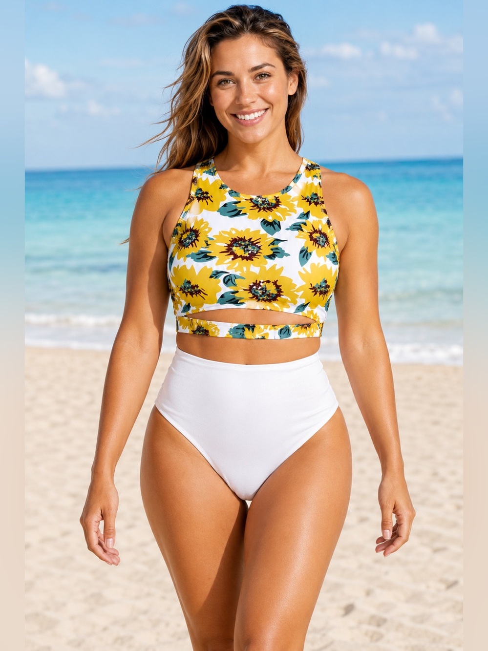 Sunflower Floral High Neck Under-Bust Cutout Bikini Top - XLARGE